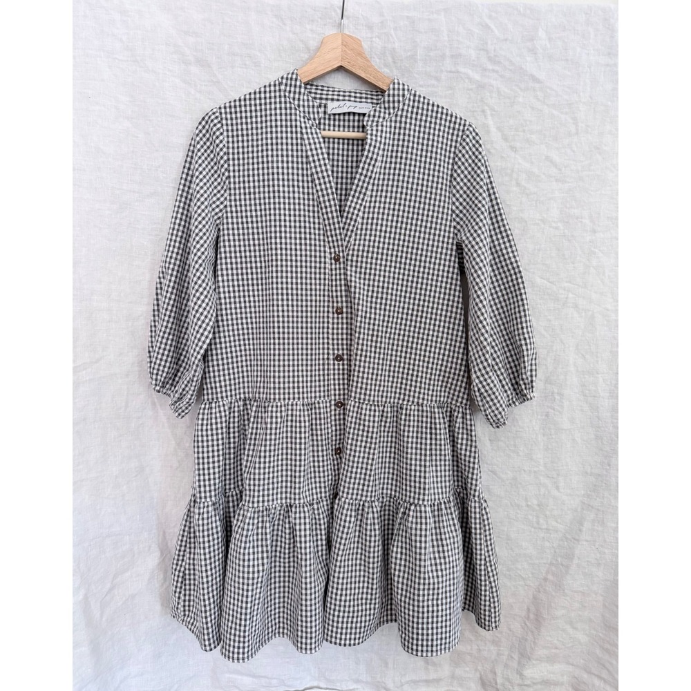 Petal + Pup Mini Dress Women Black White Gingham Tiered Button Small Medium